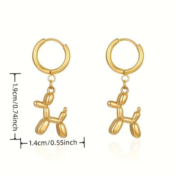 Earrings Balloon Dog Gold Puppy Whimsical Dangle Puffy Clown Circus Fun Party - Picture 2 of 2
